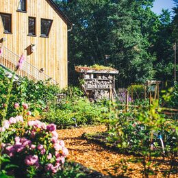 Blumen und Insektenhotel im Bauerngarten am Haus der Natur