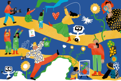Blue illustration with yellow paths on which people are engaged in various activities with stylized houses and flowers at the edge.
