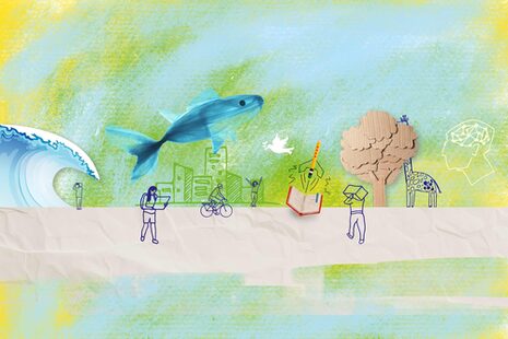 The collage shows a wave, a fish and several people on a beach