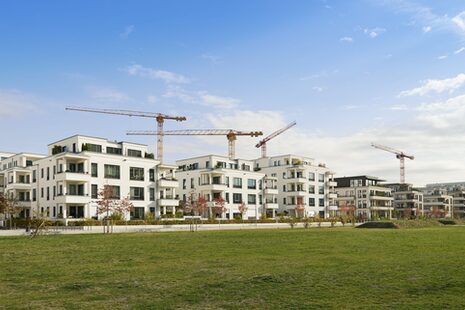 Neu gebaute Apartmenthäuser mit Kränen und Wiese im Vordergrund.