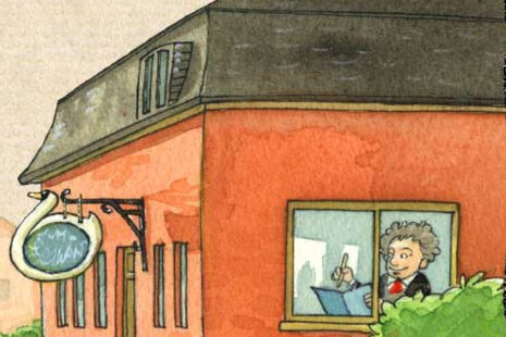 Zdjęcie przedstawia ilustrację Beethoven-Haus Bonn z Beethovenem piszącym coś za oknem.